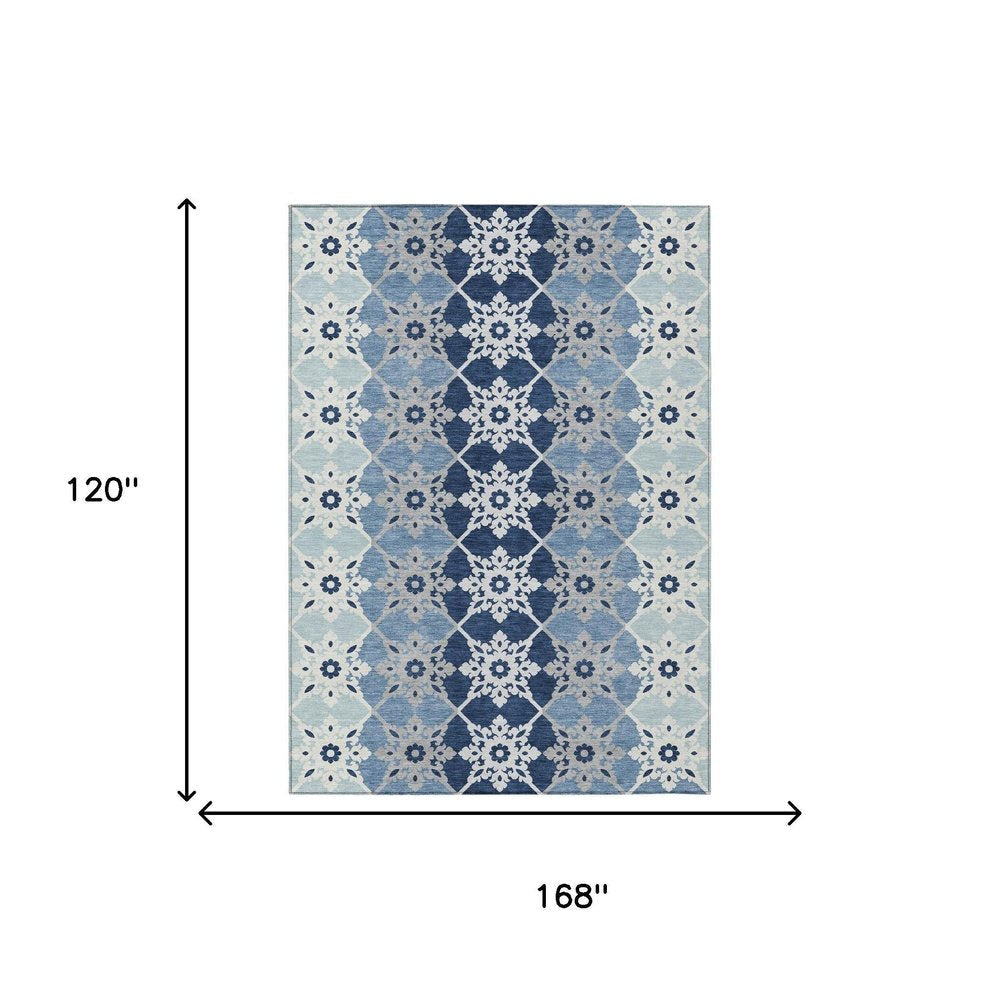 10' X 14' Blue And Pewter Floral Medallion Washable Indoor Outdoor Area Rug — view 4
