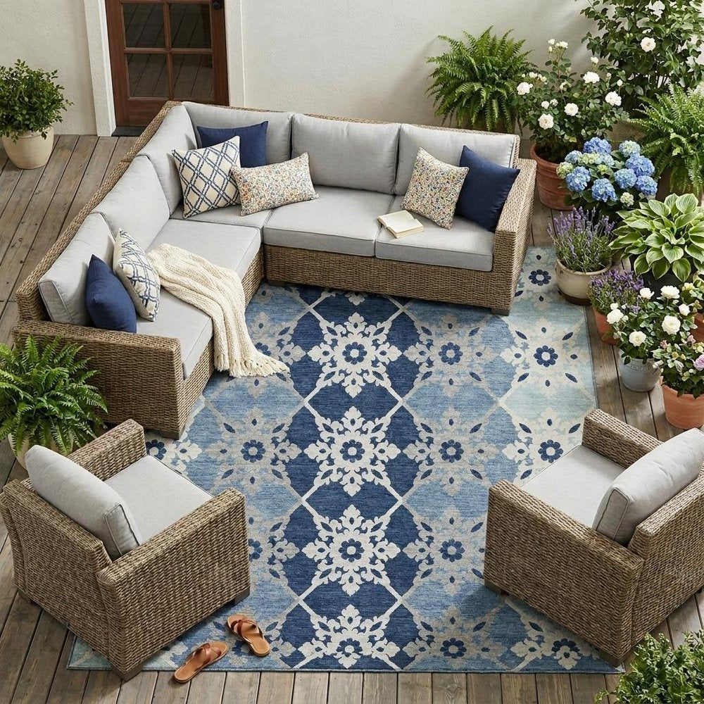 10' X 14' Blue And Pewter Floral Medallion Washable Indoor Outdoor Area Rug — view 5