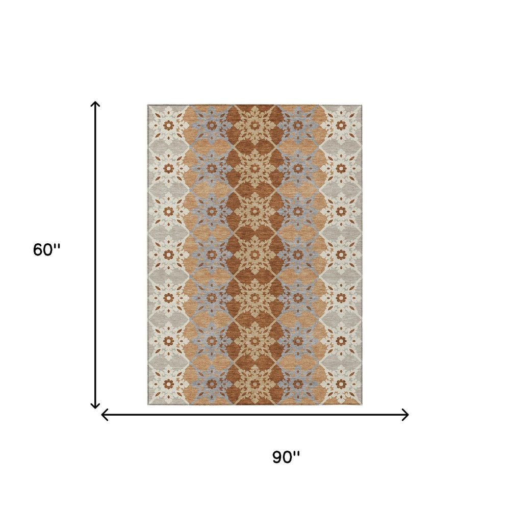 5' X 8' Copper And Orange Floral Medallion Washable Indoor Outdoor Area Rug HomeRoots