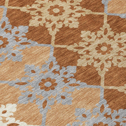 5' X 8' Copper And Orange Floral Medallion Washable Indoor Outdoor Area Rug HomeRoots