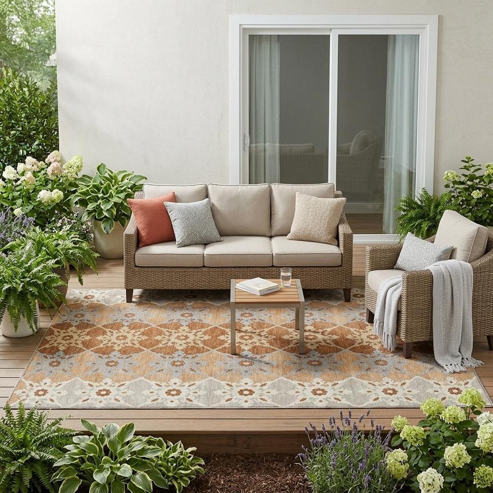 5' X 8' Copper And Orange Floral Medallion Washable Indoor Outdoor Area Rug HomeRoots