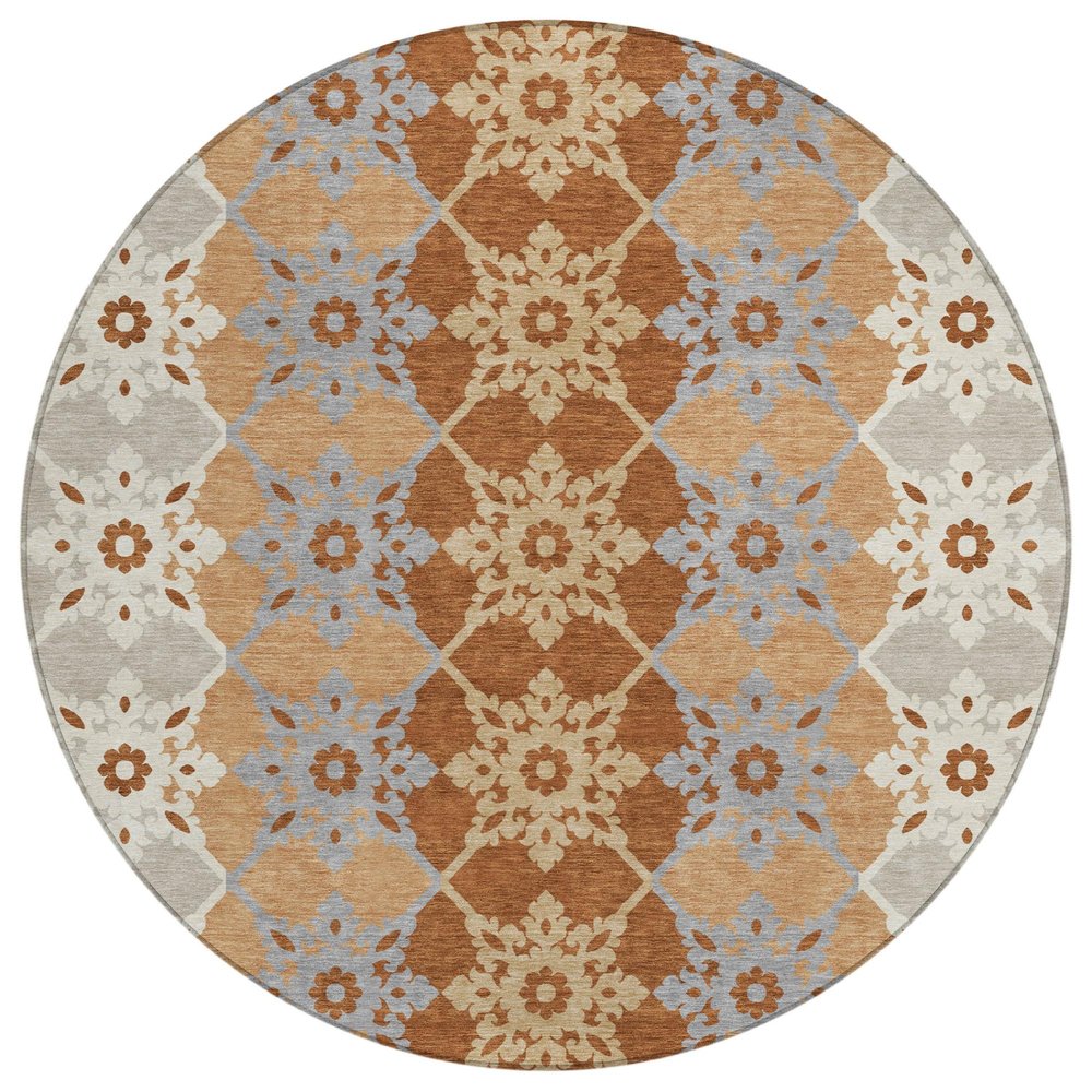 8' Copper And Orange Round Floral Medallion Washable Indoor Outdoor Area Rug — view 1