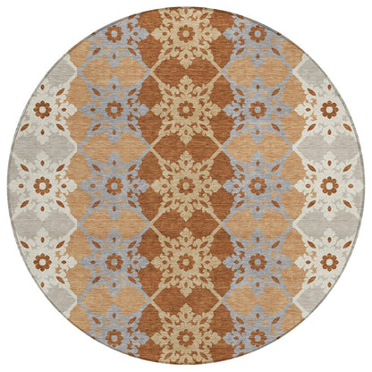 8' Copper And Orange Round Floral Medallion Washable Indoor Outdoor Area Rug HomeRoots