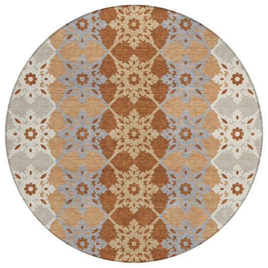 8' Copper And Orange Round Floral Medallion Washable Indoor Outdoor Area Rug