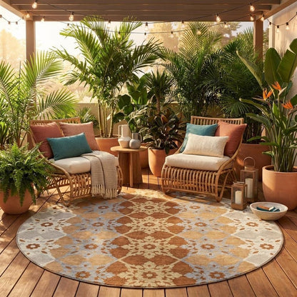 8' Copper And Orange Round Floral Medallion Washable Indoor Outdoor Area Rug HomeRoots