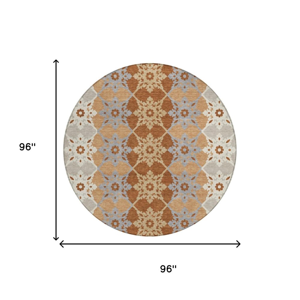 8' Copper And Orange Round Floral Medallion Washable Indoor Outdoor Area Rug HomeRoots