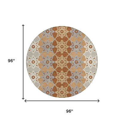 8' Copper And Orange Round Floral Medallion Washable Indoor Outdoor Area Rug HomeRoots