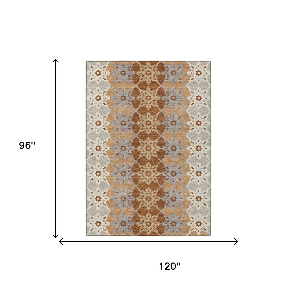 8' X 10' Copper And Orange Floral Medallion Washable Indoor Outdoor Area Rug HomeRoots