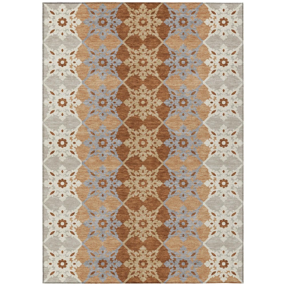 8' X 10' Copper And Orange Floral Medallion Washable Indoor Outdoor Area Rug — view 1
