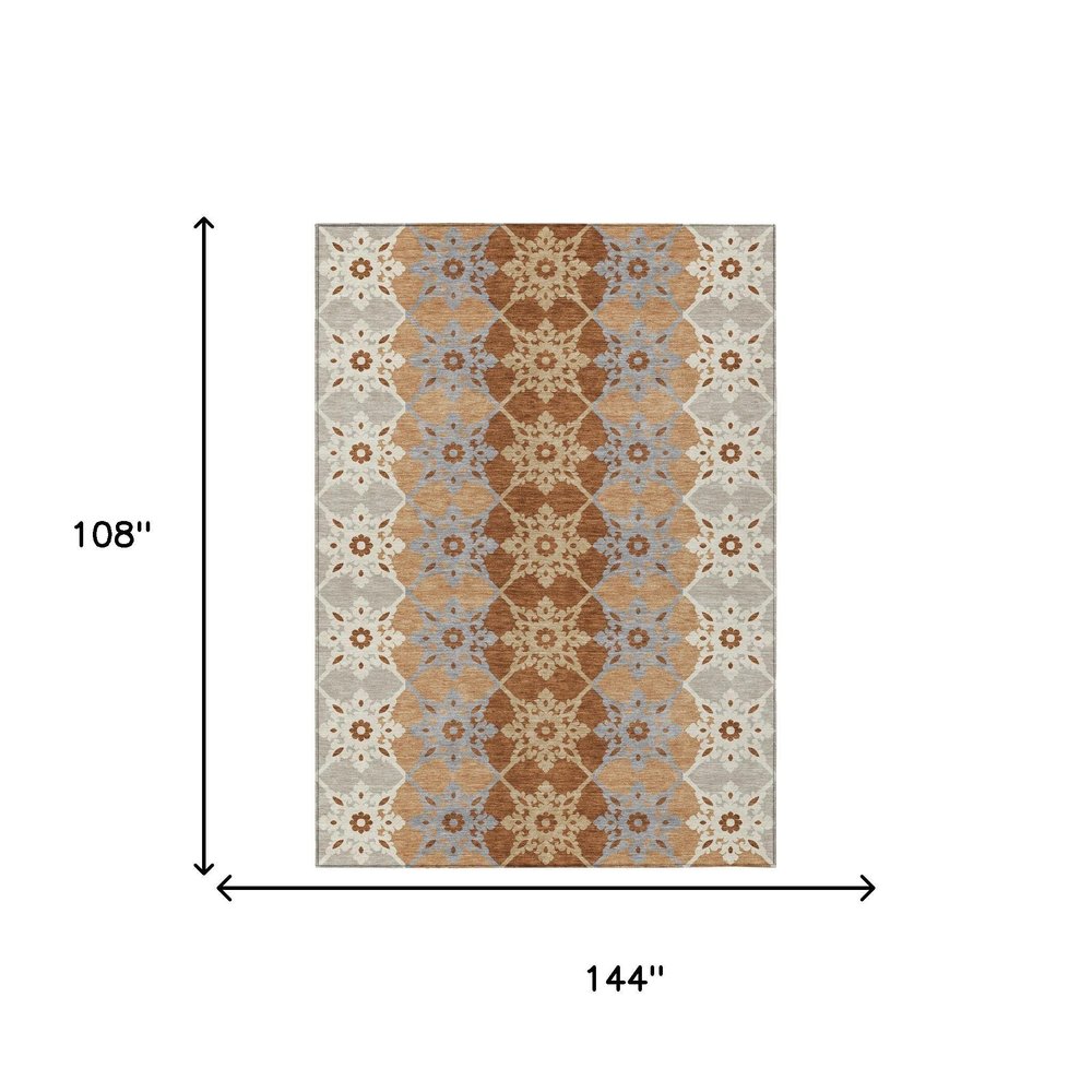9' X 12' Copper And Orange Floral Medallion Washable Indoor Outdoor Area Rug — view 4