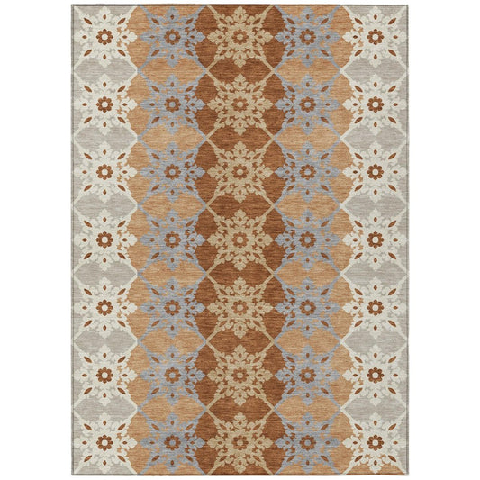 9' X 12' Copper And Orange Floral Medallion Washable Indoor Outdoor Area Rug