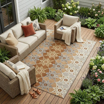 9' X 12' Copper And Orange Floral Medallion Washable Indoor Outdoor Area Rug HomeRoots