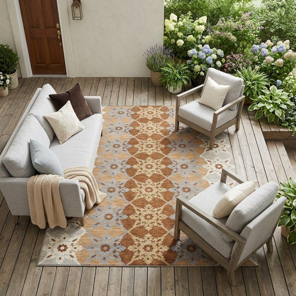 10' X 14' Copper And Orange Floral Medallion Washable Indoor Outdoor Area Rug — view 5