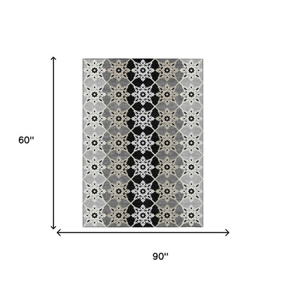 5' X 8' Gray And Pewter Floral Medallion Washable Indoor Outdoor Area Rug HomeRoots