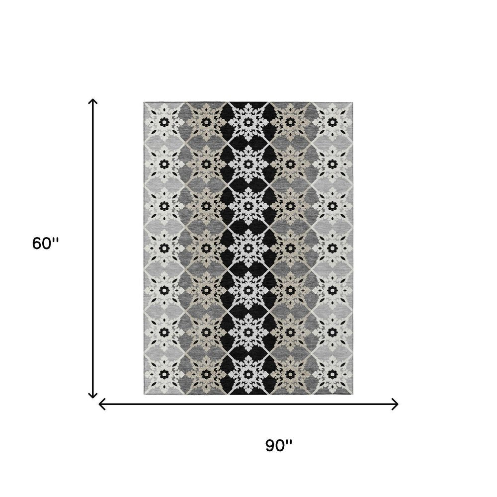 5' X 8' Gray And Pewter Floral Medallion Washable Indoor Outdoor Area Rug