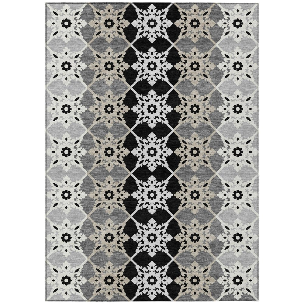 5' X 8' Gray And Pewter Floral Medallion Washable Indoor Outdoor Area Rug — view 1