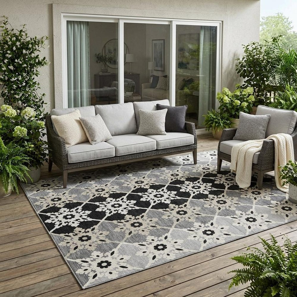 5' X 8' Gray And Pewter Floral Medallion Washable Indoor Outdoor Area Rug HomeRoots