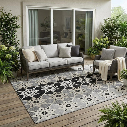 5' X 8' Gray And Pewter Floral Medallion Washable Indoor Outdoor Area Rug HomeRoots