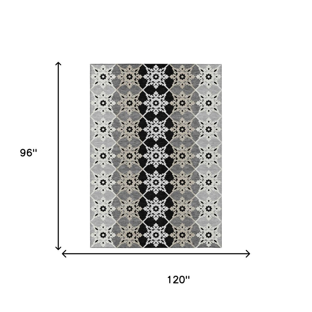 8' X 10' Gray And Pewter Floral Medallion Washable Indoor Outdoor Area Rug — view 4