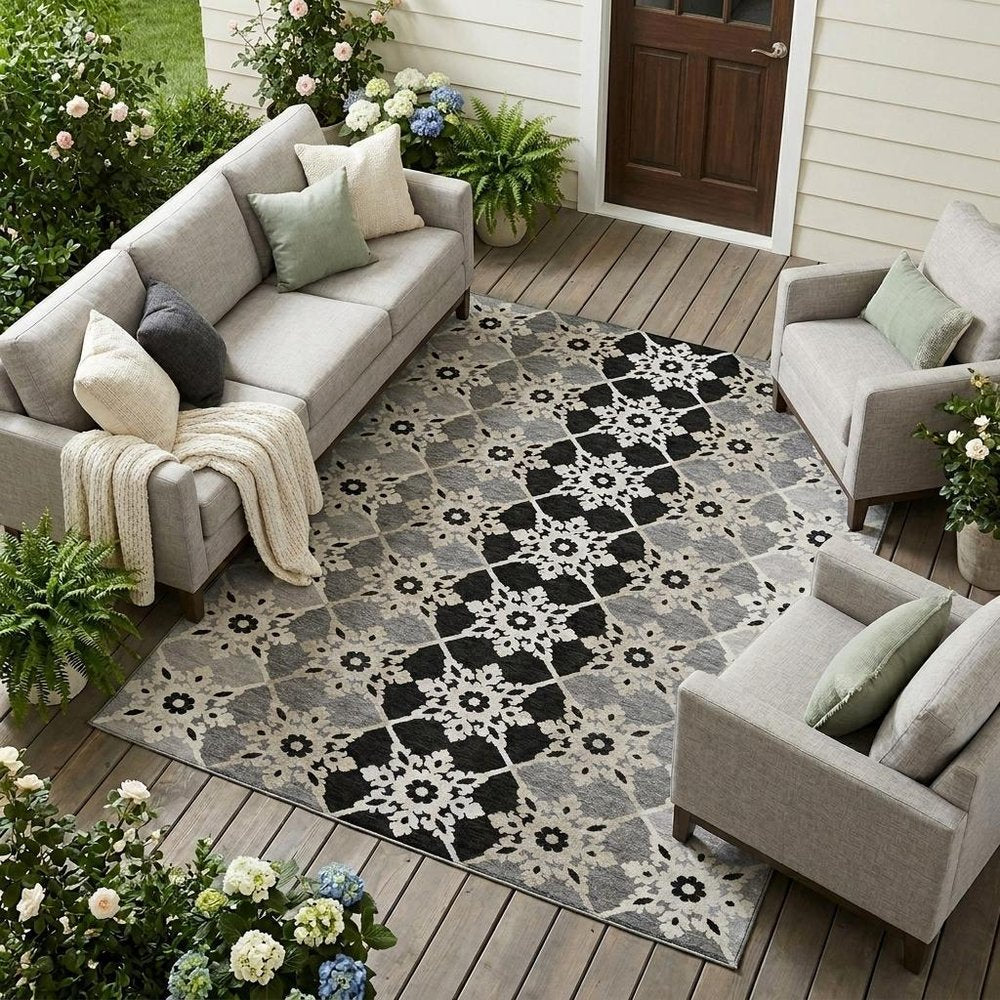 8' X 10' Gray And Pewter Floral Medallion Washable Indoor Outdoor Area Rug — view 5