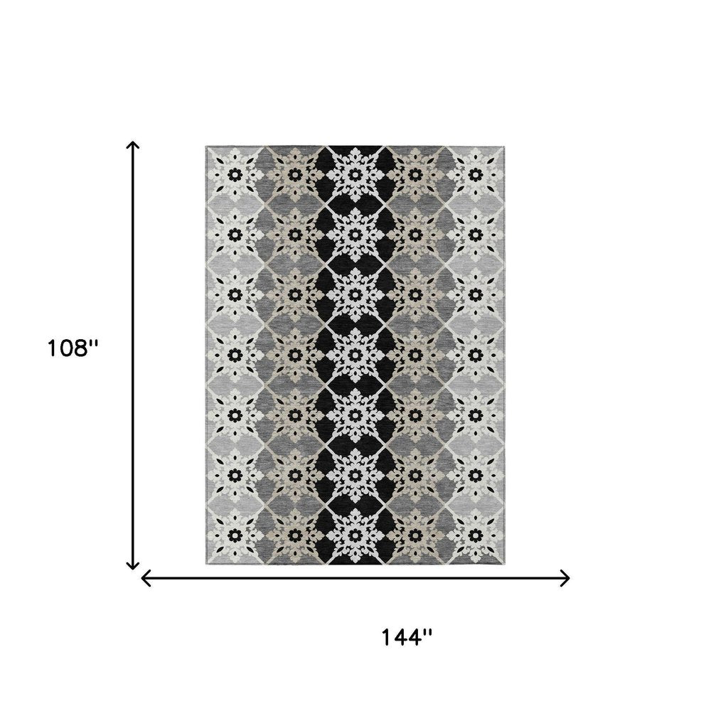 9' X 12' Gray And Pewter Floral Medallion Washable Indoor Outdoor Area Rug — view 4
