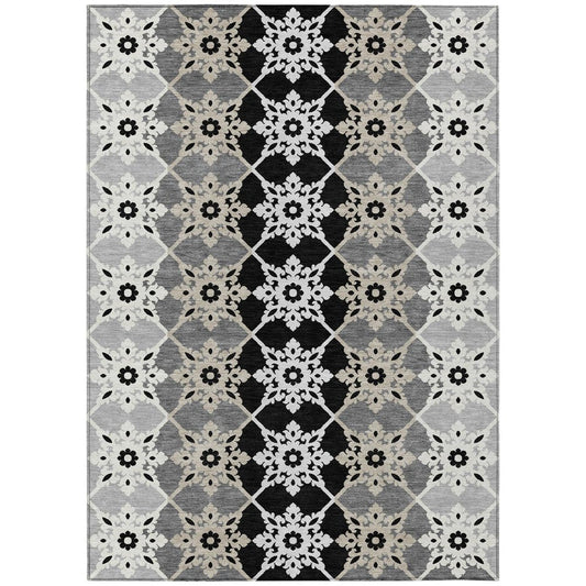 9' X 12' Gray And Pewter Floral Medallion Washable Indoor Outdoor Area Rug