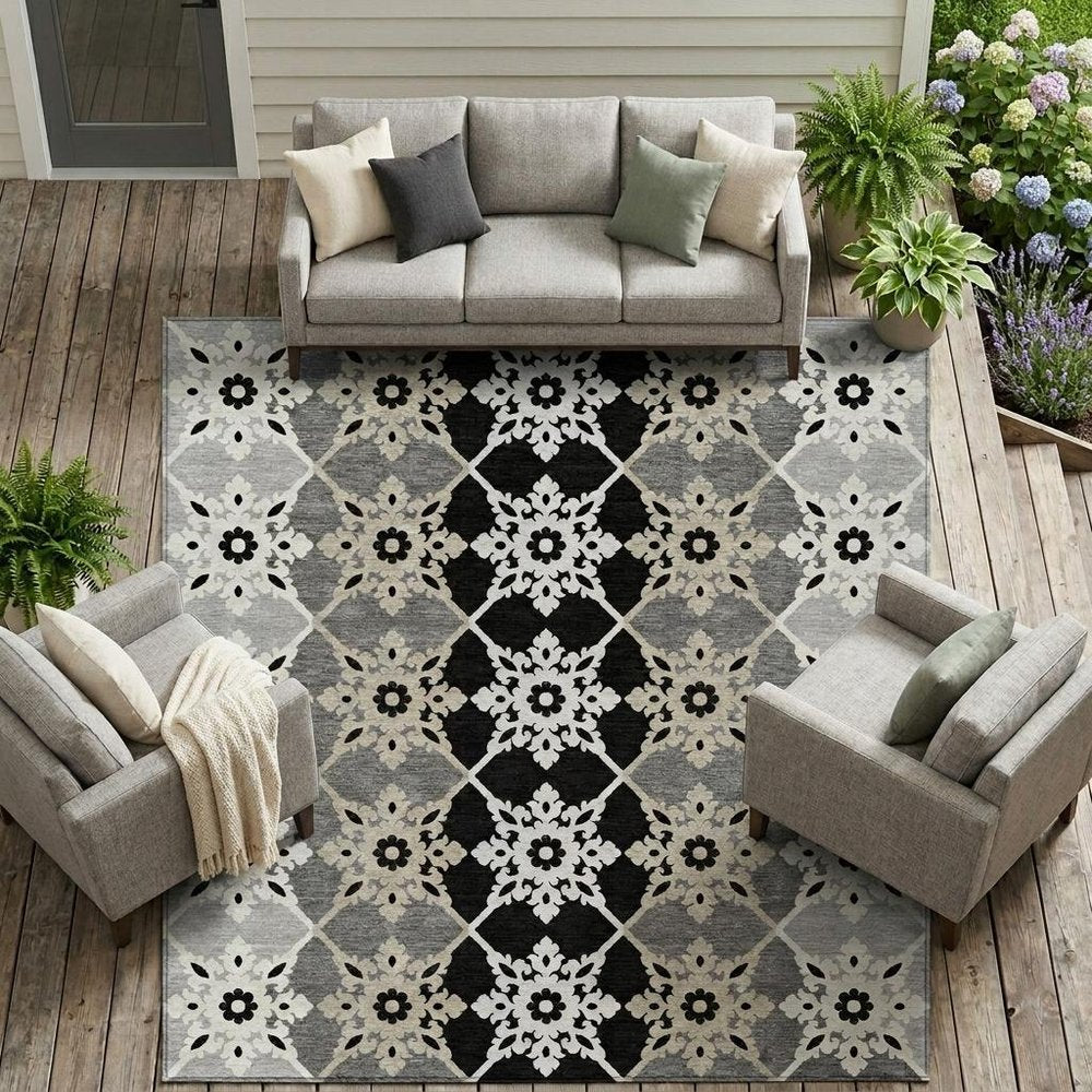 9' X 12' Gray And Pewter Floral Medallion Washable Indoor Outdoor Area Rug HomeRoots