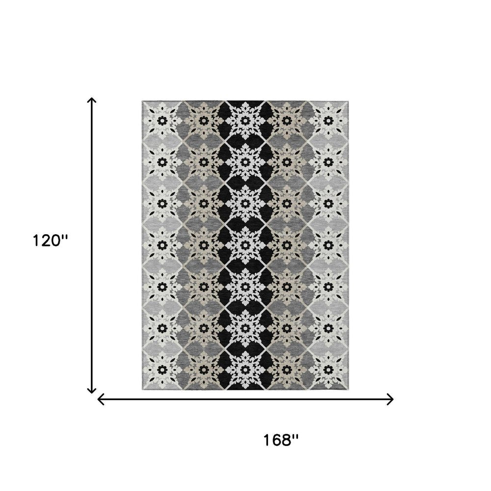10' X 14' Gray And Pewter Floral Medallion Washable Indoor Outdoor Area Rug HomeRoots