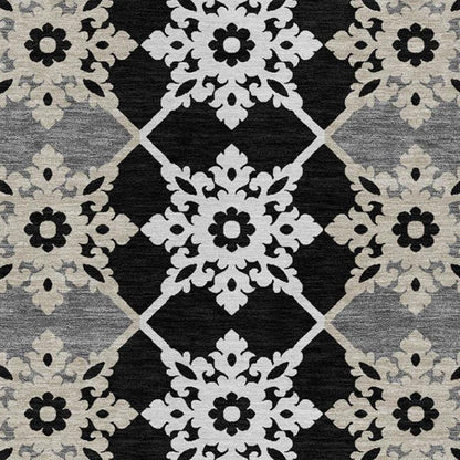 10' X 14' Gray And Pewter Floral Medallion Washable Indoor Outdoor Area Rug