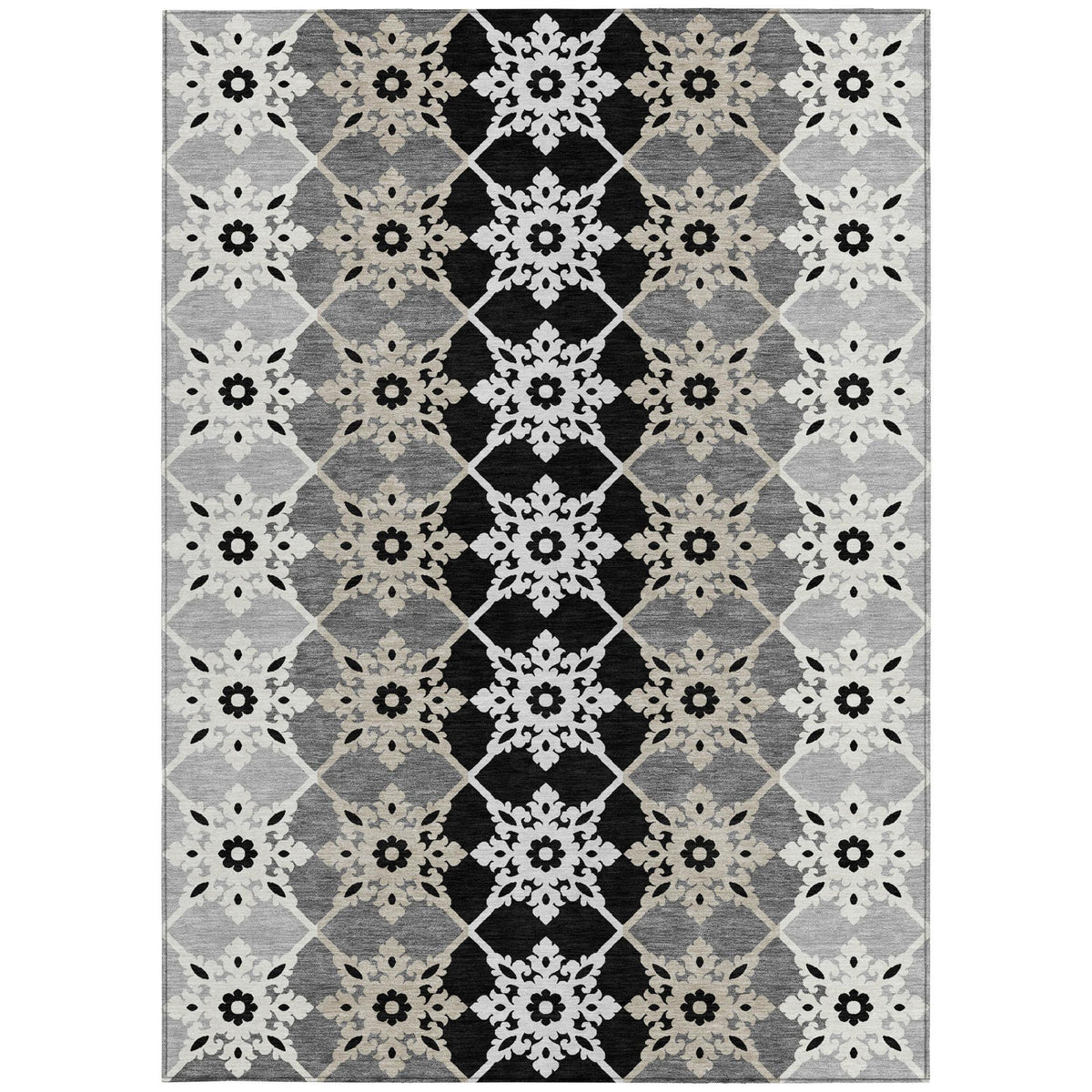 10' X 14' Gray And Pewter Floral Medallion Washable Indoor Outdoor Area Rug
