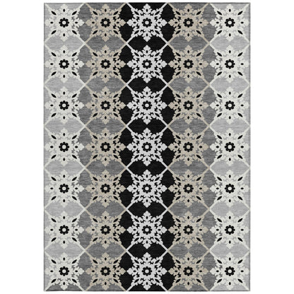 10' X 14' Gray And Pewter Floral Medallion Washable Indoor Outdoor Area Rug