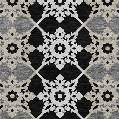 10' X 14' Gray And Pewter Floral Medallion Washable Indoor Outdoor Area Rug