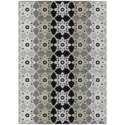 10' X 14' Gray And Pewter Floral Medallion Washable Indoor Outdoor Area Rug