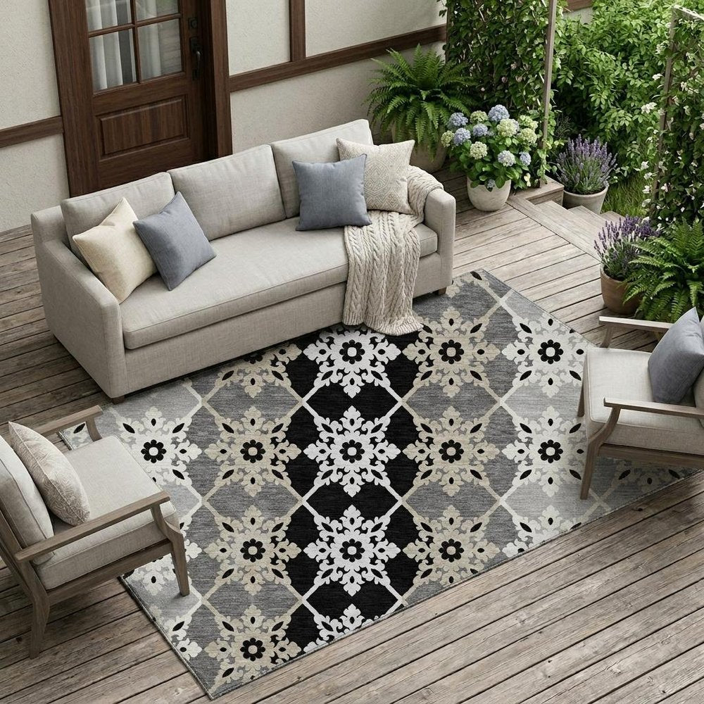 10' X 14' Gray And Pewter Floral Medallion Washable Indoor Outdoor Area Rug HomeRoots