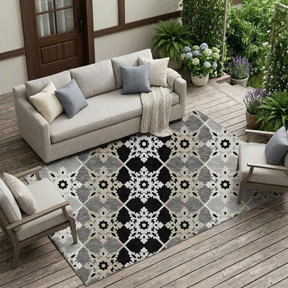 10' X 14' Gray And Pewter Floral Medallion Washable Indoor Outdoor Area Rug