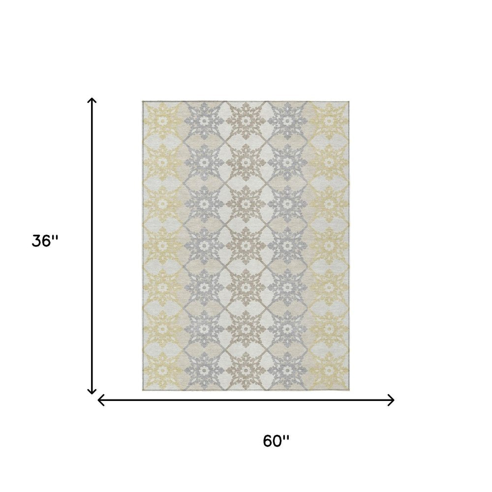 3' X 5' Ivory And Silver Floral Medallion Washable Indoor Outdoor Area Rug — view 4