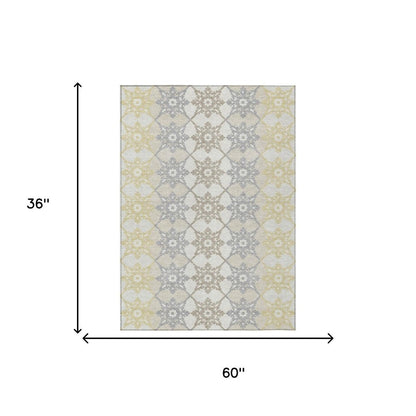 3' X 5' Ivory And Silver Floral Medallion Washable Indoor Outdoor Area Rug HomeRoots