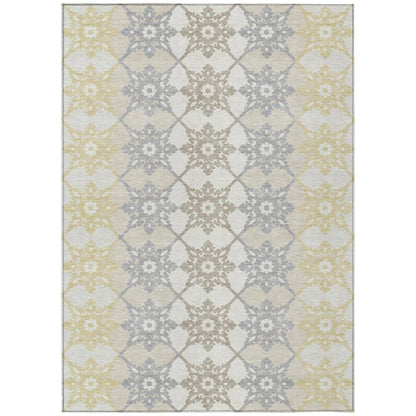 3' X 5' Ivory And Silver Floral Medallion Washable Indoor Outdoor Area Rug