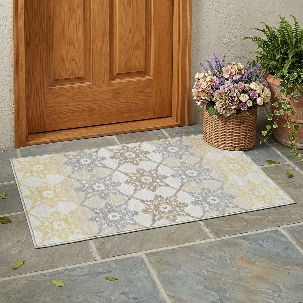 3' X 5' Ivory And Silver Floral Medallion Washable Indoor Outdoor Area Rug — view 5