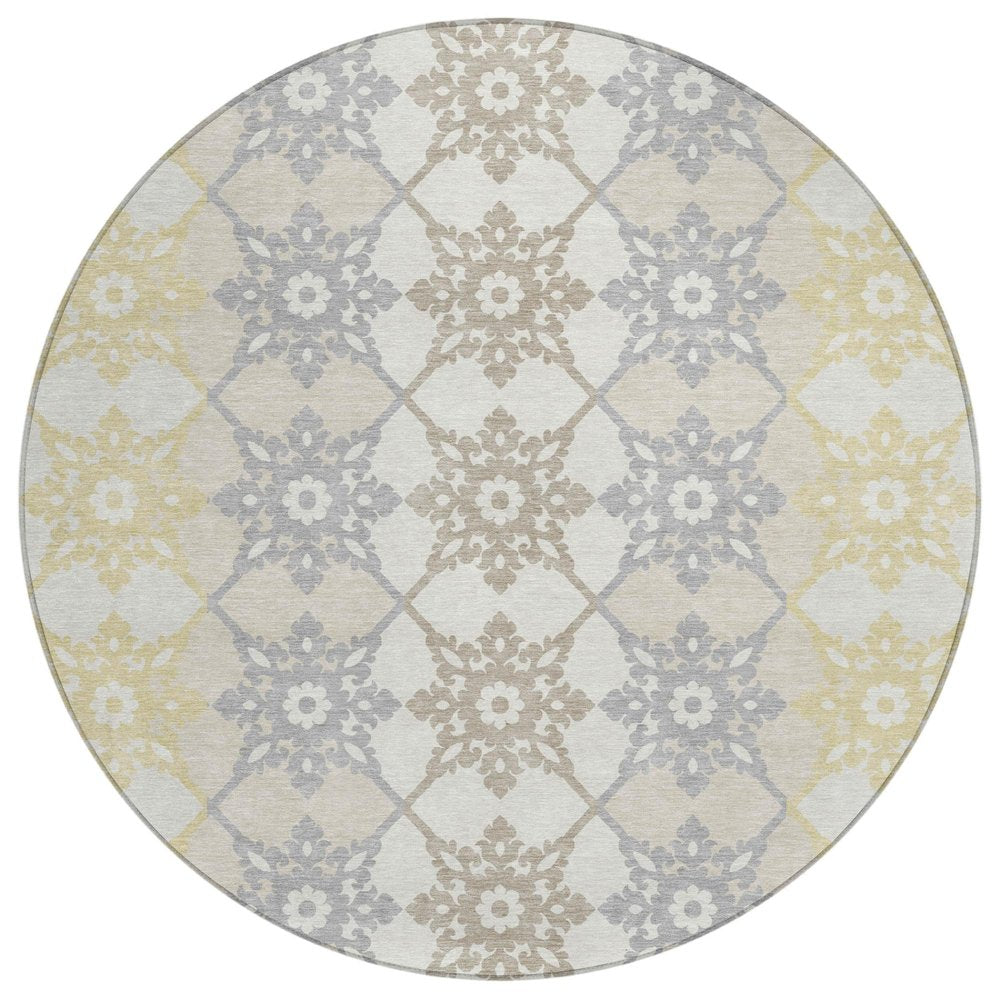 8' Ivory And Silver Round Floral Medallion Washable Indoor Outdoor Area Rug HomeRoots