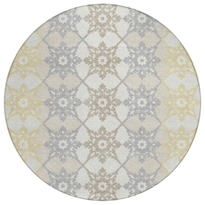 8' Ivory And Silver Round Floral Medallion Washable Indoor Outdoor Area Rug HomeRoots