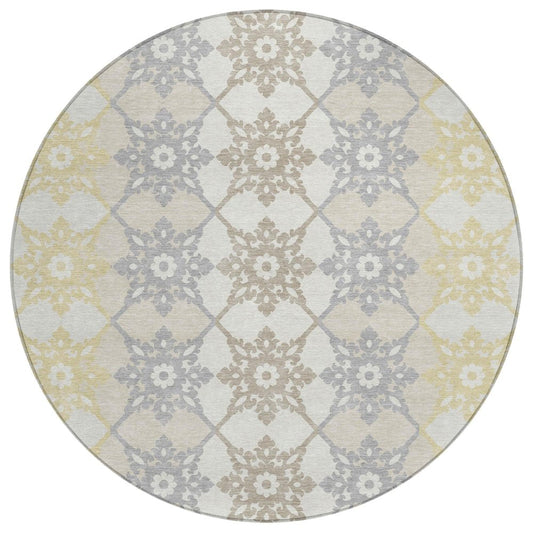 8' Ivory And Silver Round Floral Medallion Washable Indoor Outdoor Area Rug