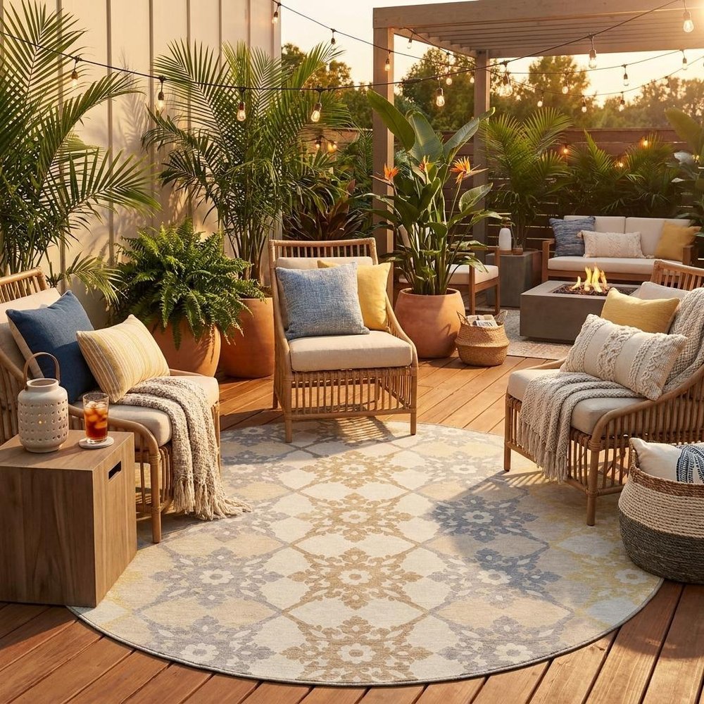 8' Ivory And Silver Round Floral Medallion Washable Indoor Outdoor Area Rug HomeRoots