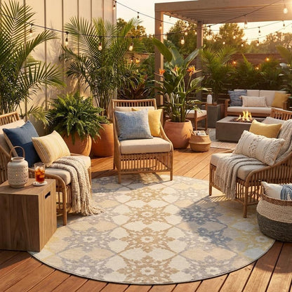 8' Ivory And Silver Round Floral Medallion Washable Indoor Outdoor Area Rug HomeRoots