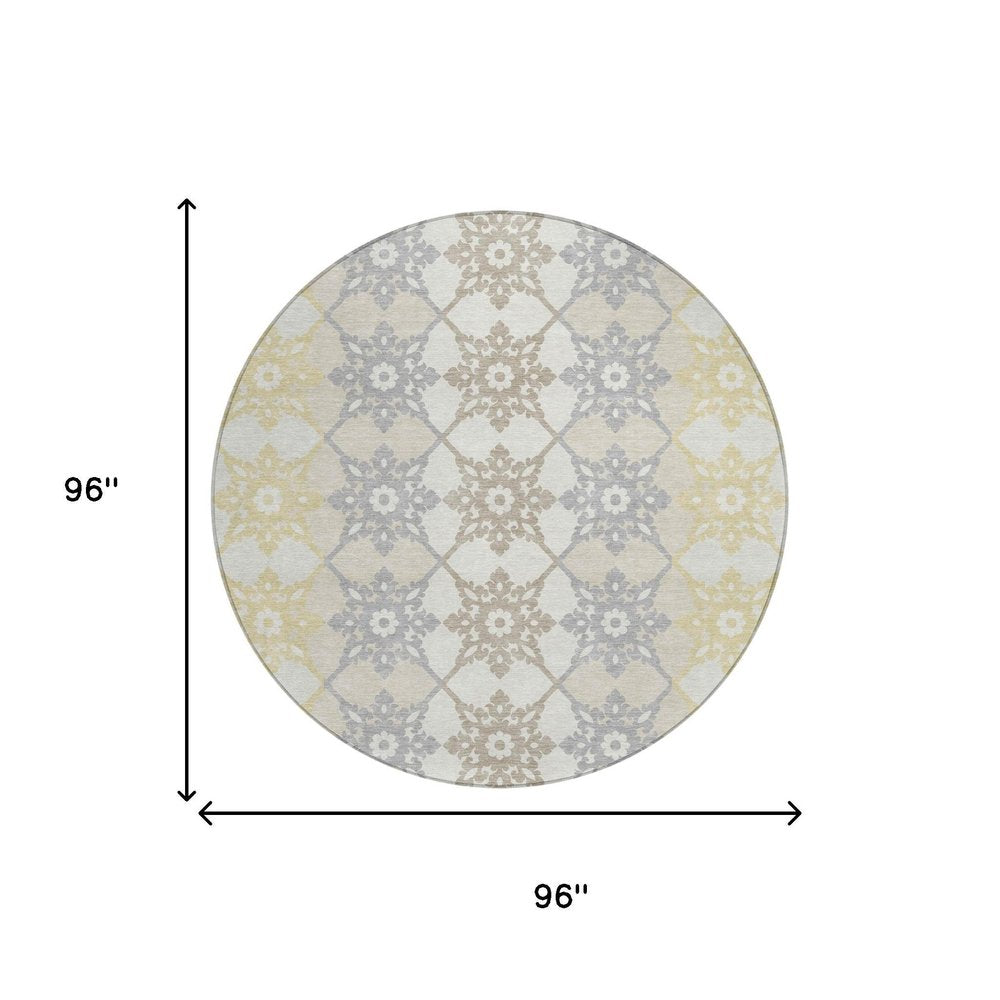 8' Ivory And Silver Round Floral Medallion Washable Indoor Outdoor Area Rug — view 4