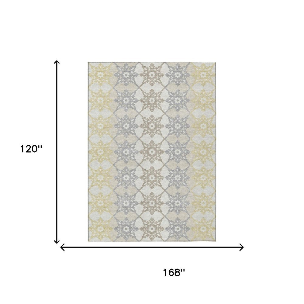 10' X 14' Ivory And Silver Floral Medallion Washable Indoor Outdoor Area Rug — view 4
