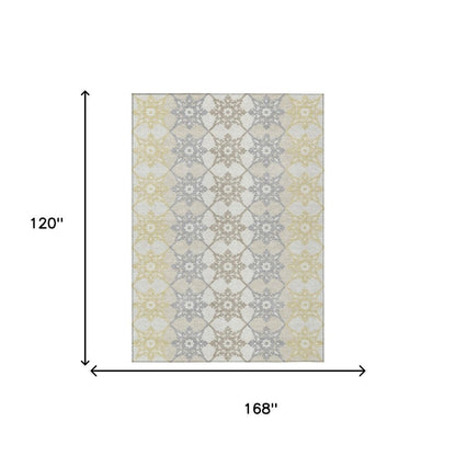 10' X 14' Ivory And Silver Floral Medallion Washable Indoor Outdoor Area Rug HomeRoots
