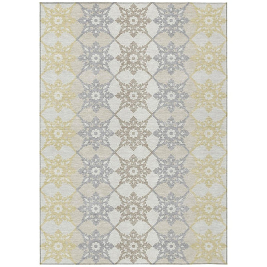 10' X 14' Ivory And Silver Floral Medallion Washable Indoor Outdoor Area Rug