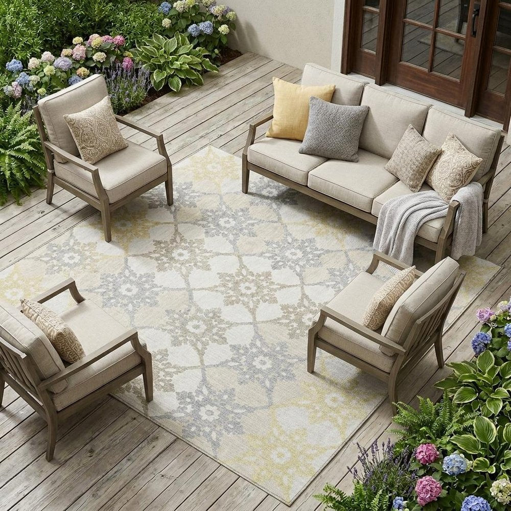 10' X 14' Ivory And Silver Floral Medallion Washable Indoor Outdoor Area Rug HomeRoots