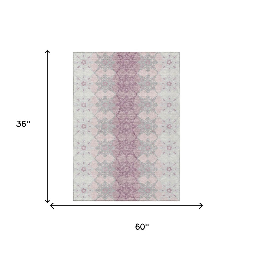 3' X 5' Pink And Pearl Floral Medallion Washable Indoor Outdoor Area Rug — view 16